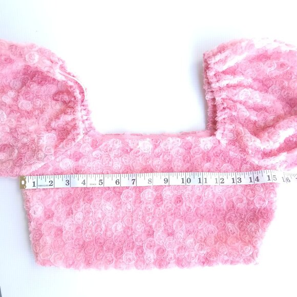 LE LIS Peony Delight smocked pink rosette‎ crop top puff sleeves size XS - Picture 8 of 10